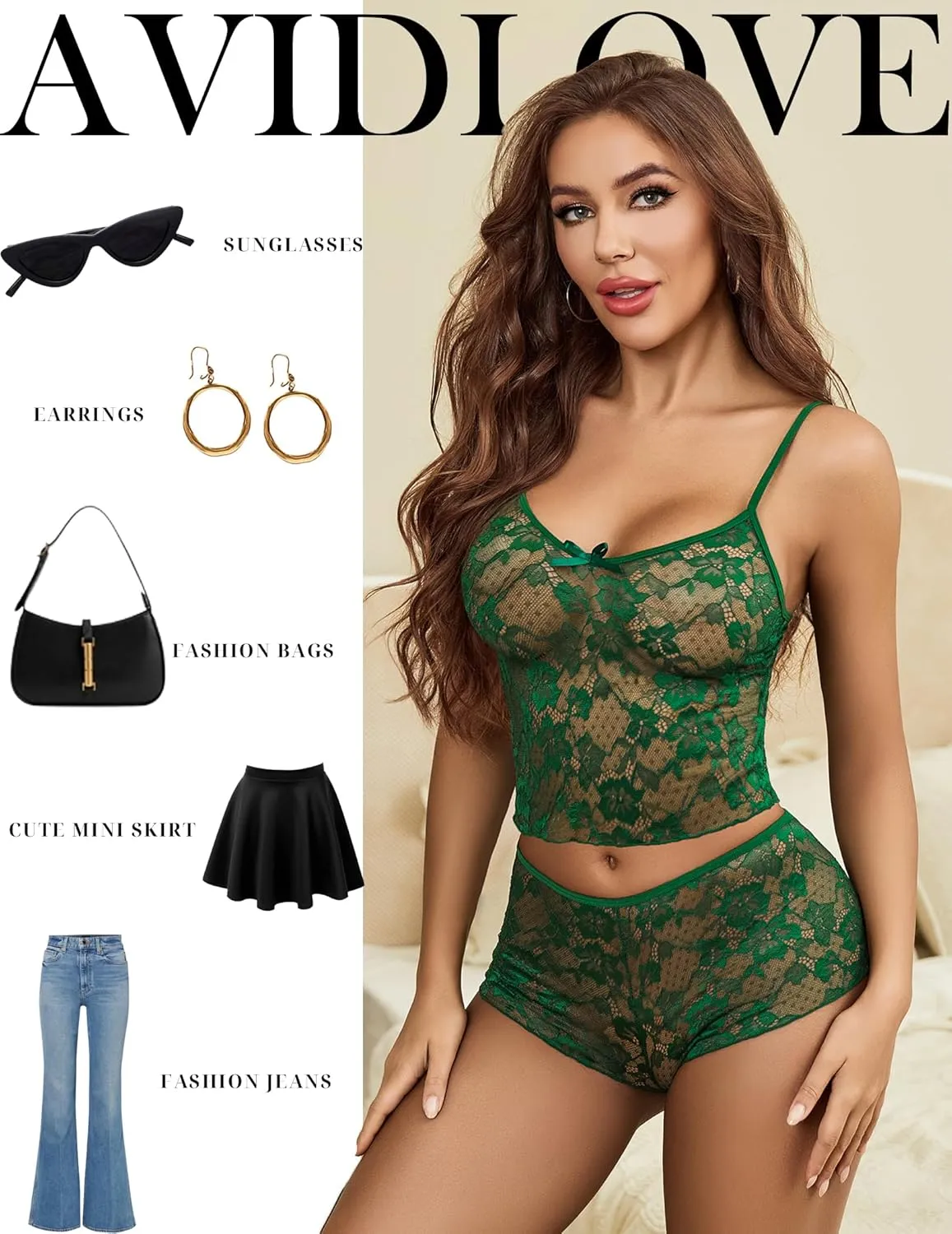 Avidlove Lace Bra and Panty Set V Neck Babydoll Lingerie 2 Piece Mesh Bralette Set