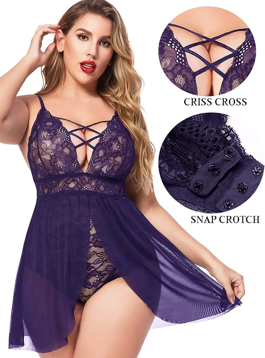 Avidlove Plus Size Babydoll Womens Snap Crotch Lingerie V Neck Lace Nighty Sleepwear L-5XL