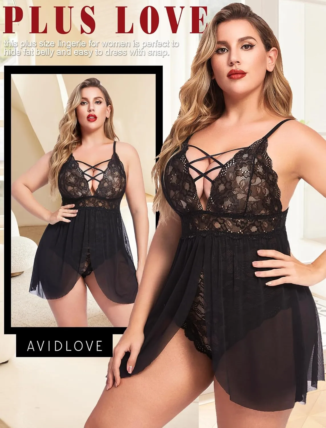 Avidlove Plus Size Babydoll Womens Snap Crotch Lingerie V Neck Lace Nighty Sleepwear L-5XL
