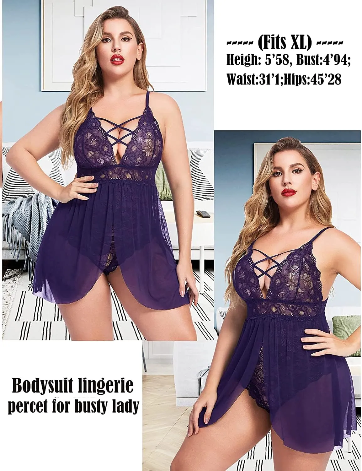 Avidlove Plus Size Babydoll Womens Snap Crotch Lingerie V Neck Lace Nighty Sleepwear L-5XL