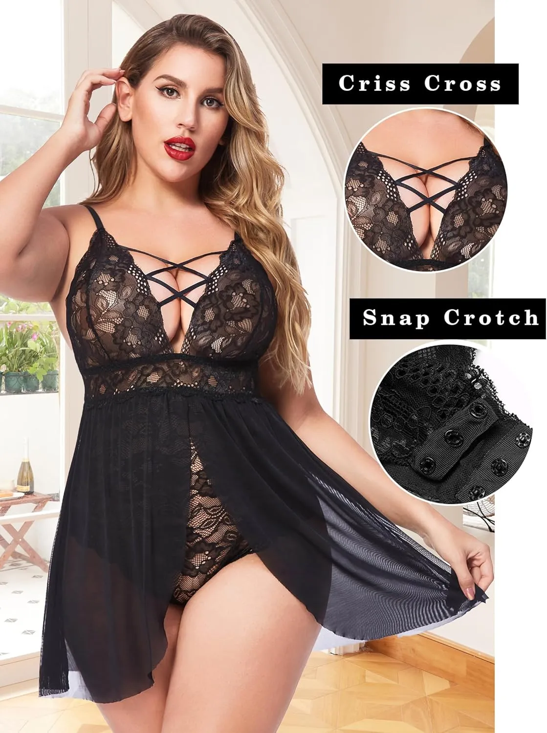 Avidlove Plus Size Babydoll Womens Snap Crotch Lingerie V Neck Lace Nighty Sleepwear L-5XL
