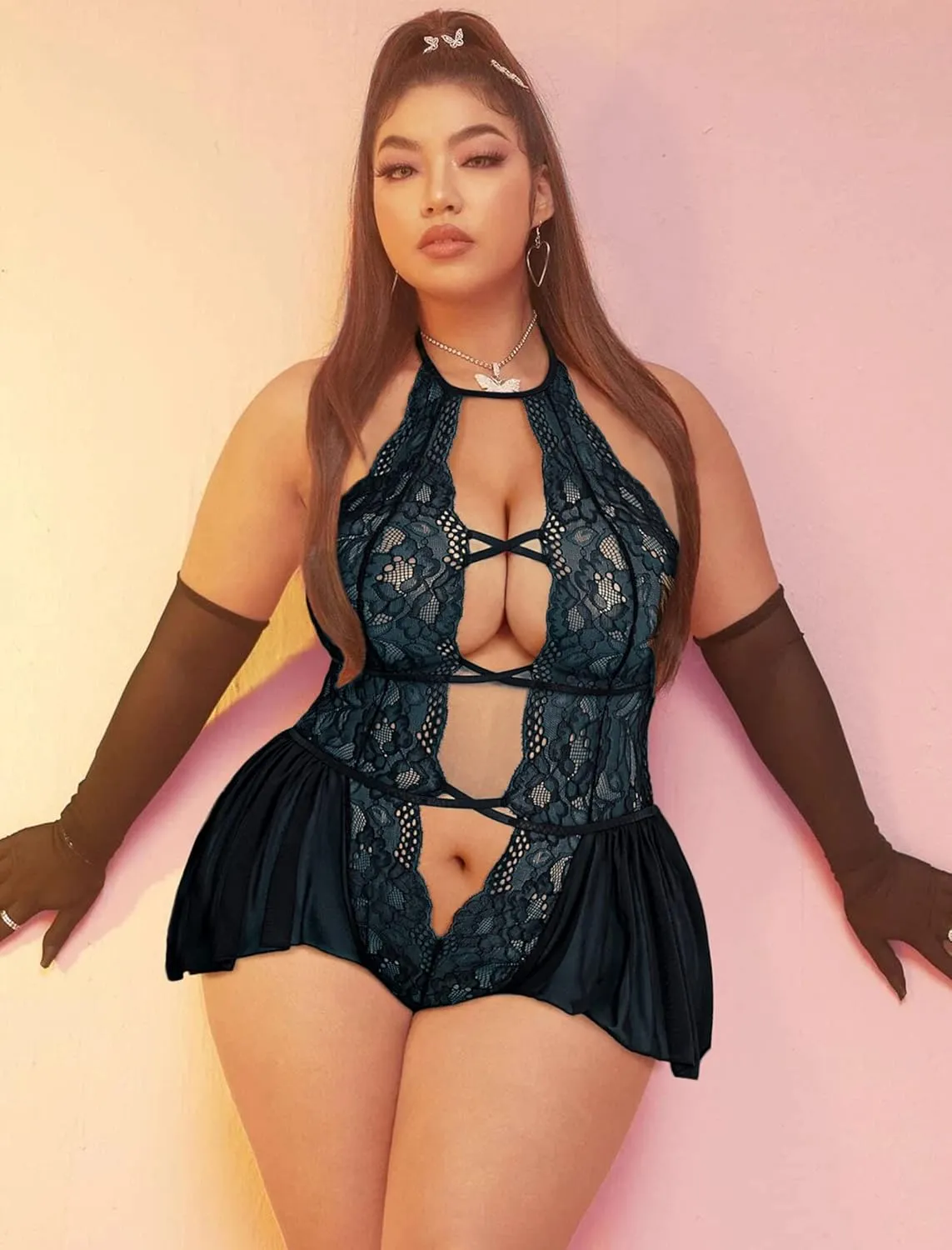 Avidlove Womens Plus Size Lingerie Lace Bodysuit Teddy Deep V One Piece Lace Babydoll