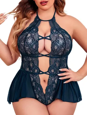 Avidlove Womens Plus Size Lingerie Lace Bodysuit Teddy Deep V One Piece Lace Babydoll