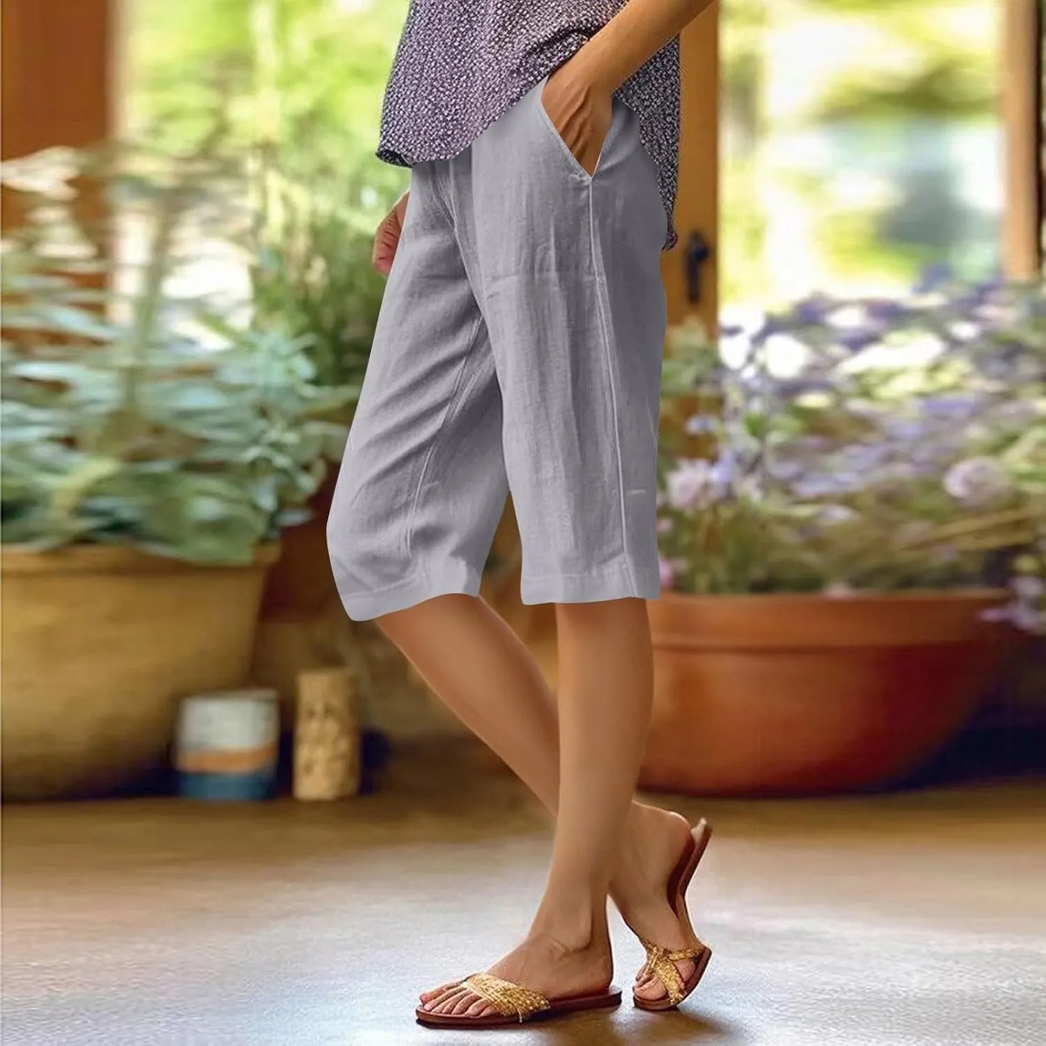 Bermuda Shorts for Women Knee Length Capris Lightweight Summer Straight Leg Beach Shorts with Pockets