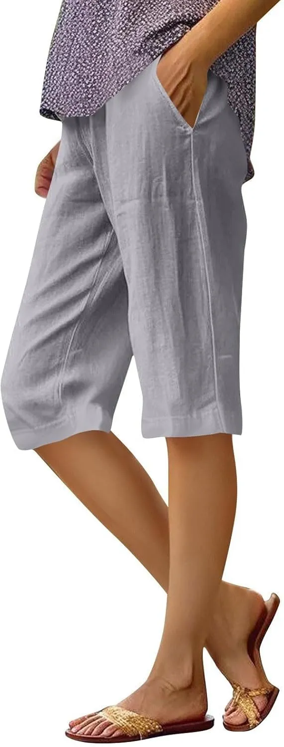 Bermuda Shorts for Women Knee Length Capris Lightweight Summer Straight Leg Beach Shorts with Pockets