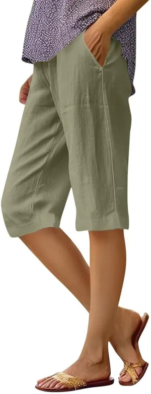 Bermuda Shorts for Women Knee Length Capris Lightweight Summer Straight Leg Beach Shorts with Pockets