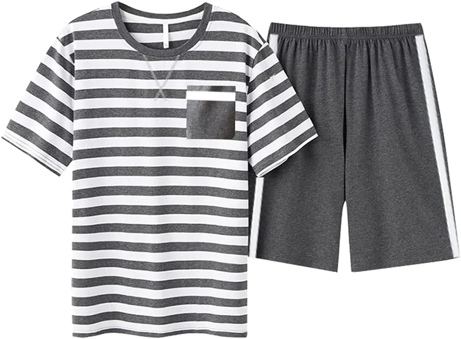 Big Boys Fashion Strips Loose Cotton Pajama Set Pants Shorts Top Sleepwear 8-17Years