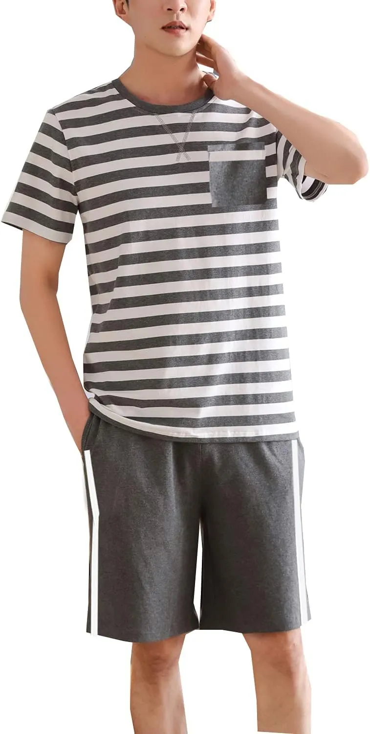 Big Boys Fashion Strips Loose Cotton Pajama Set Pants Shorts Top Sleepwear 8-17Years