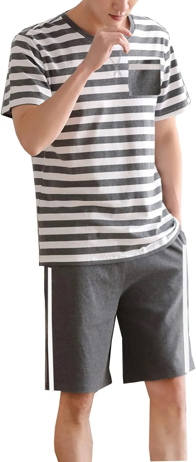 Big Boys Fashion Strips Loose Cotton Pajama Set Pants Shorts Top Sleepwear 8-17Years