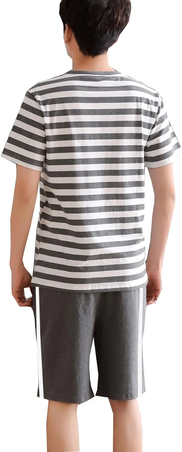 Big Boys Fashion Strips Loose Cotton Pajama Set Pants Shorts Top Sleepwear 8-17Years