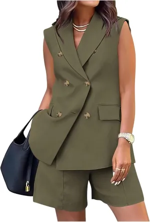 Blazer Sets Women 2 Piece Outfits Work Office Business Casual Shorts and Sleeveless V Neck Button Down Blazers Vest