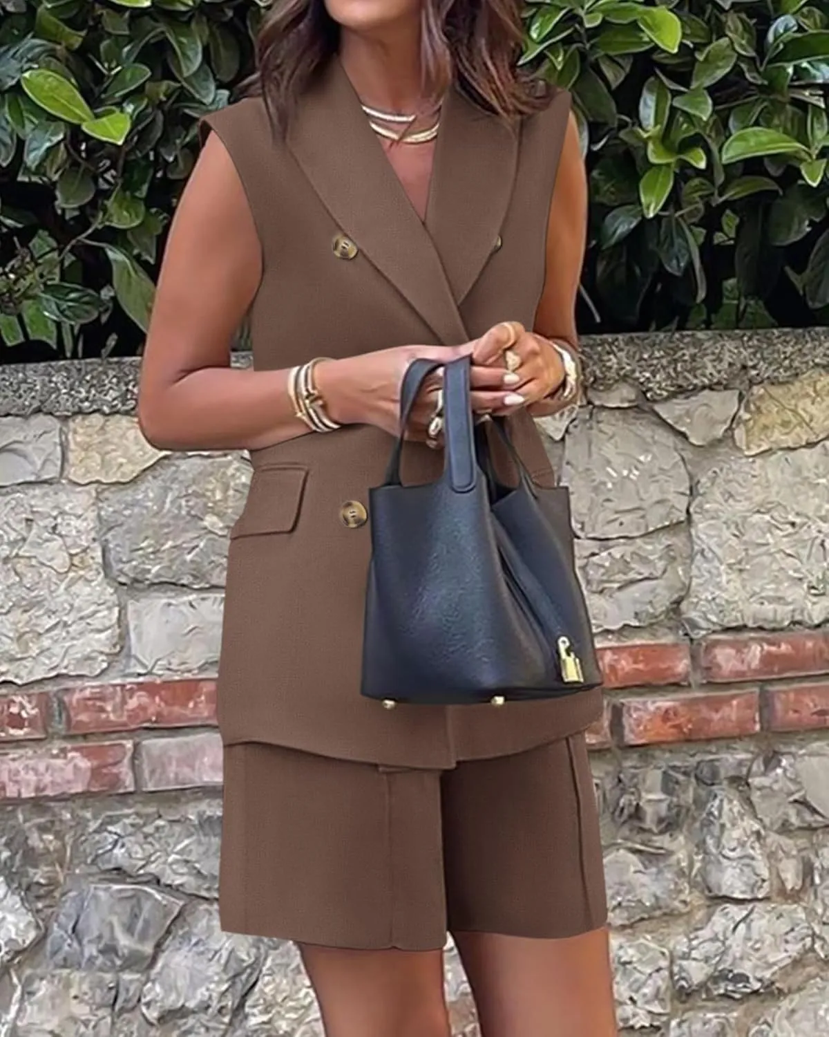 Blazer Sets Women 2 Piece Outfits Work Office Business Casual Shorts and Sleeveless V Neck Button Down Blazers Vest