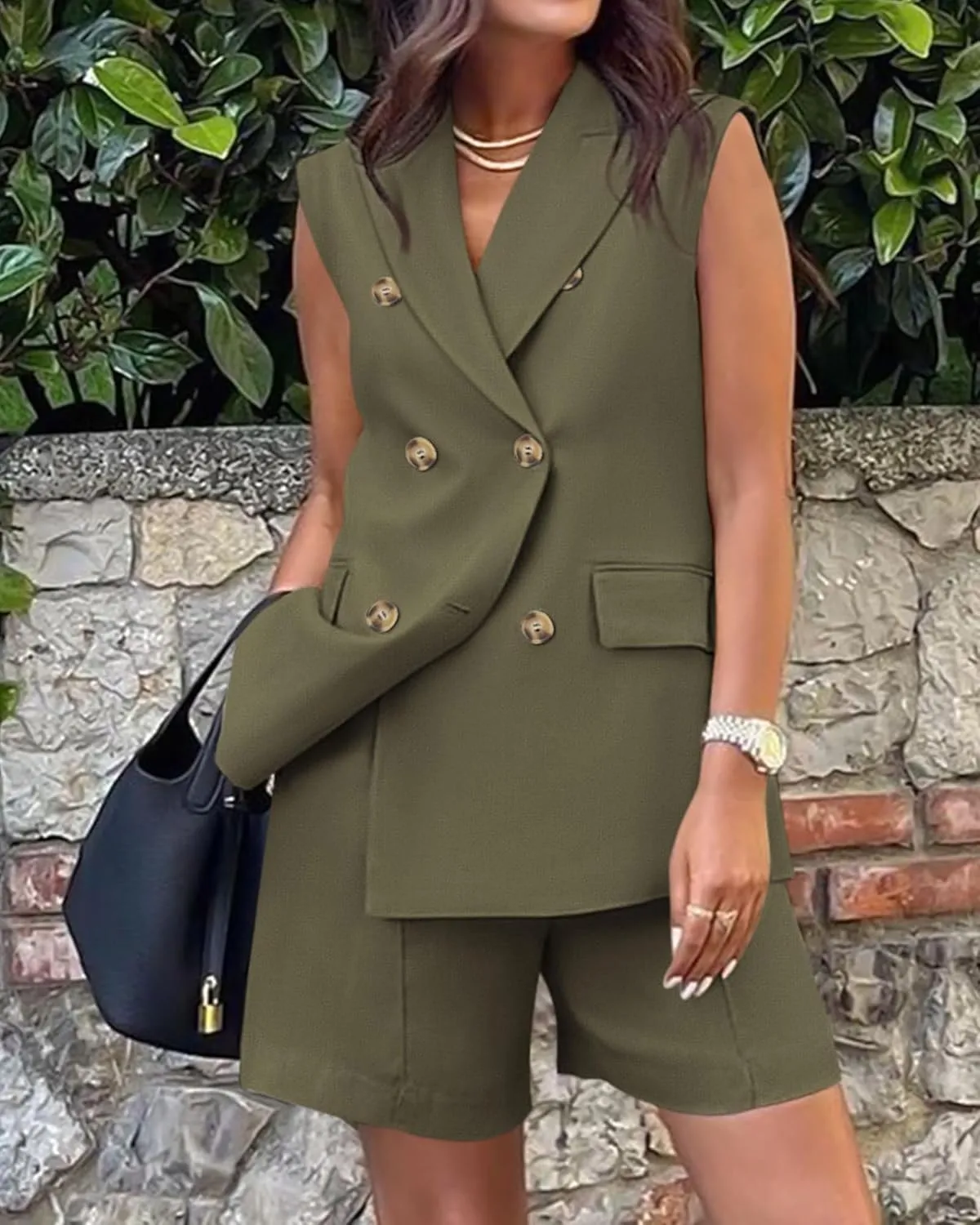 Blazer Sets Women 2 Piece Outfits Work Office Business Casual Shorts and Sleeveless V Neck Button Down Blazers Vest