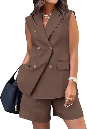Blazer Sets Women 2 Piece Outfits Work Office Business Casual Shorts and Sleeveless V Neck Button Down Blazers Vest