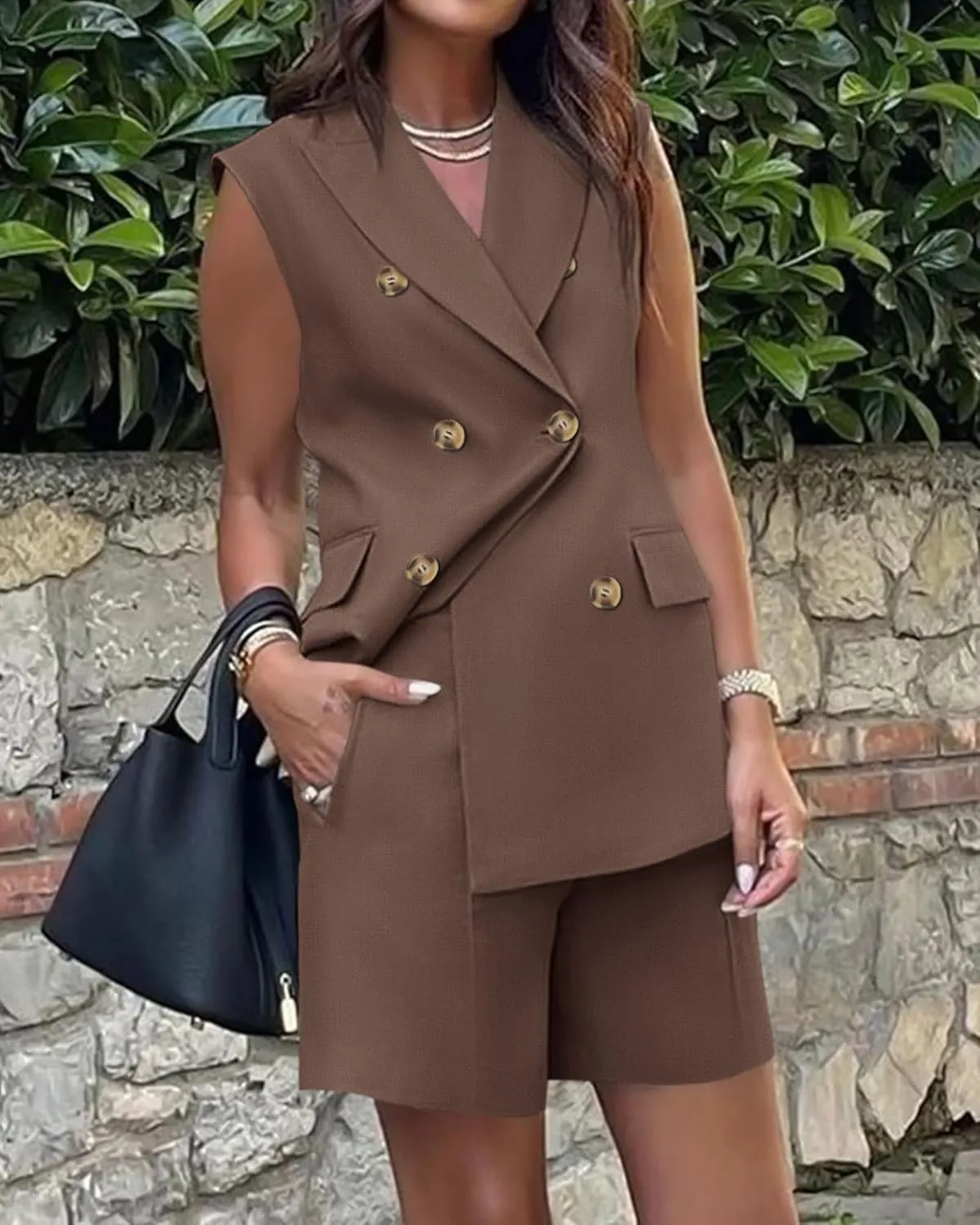 Blazer Sets Women 2 Piece Outfits Work Office Business Casual Shorts and Sleeveless V Neck Button Down Blazers Vest