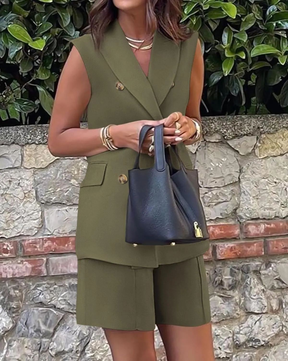 Blazer Sets Women 2 Piece Outfits Work Office Business Casual Shorts and Sleeveless V Neck Button Down Blazers Vest