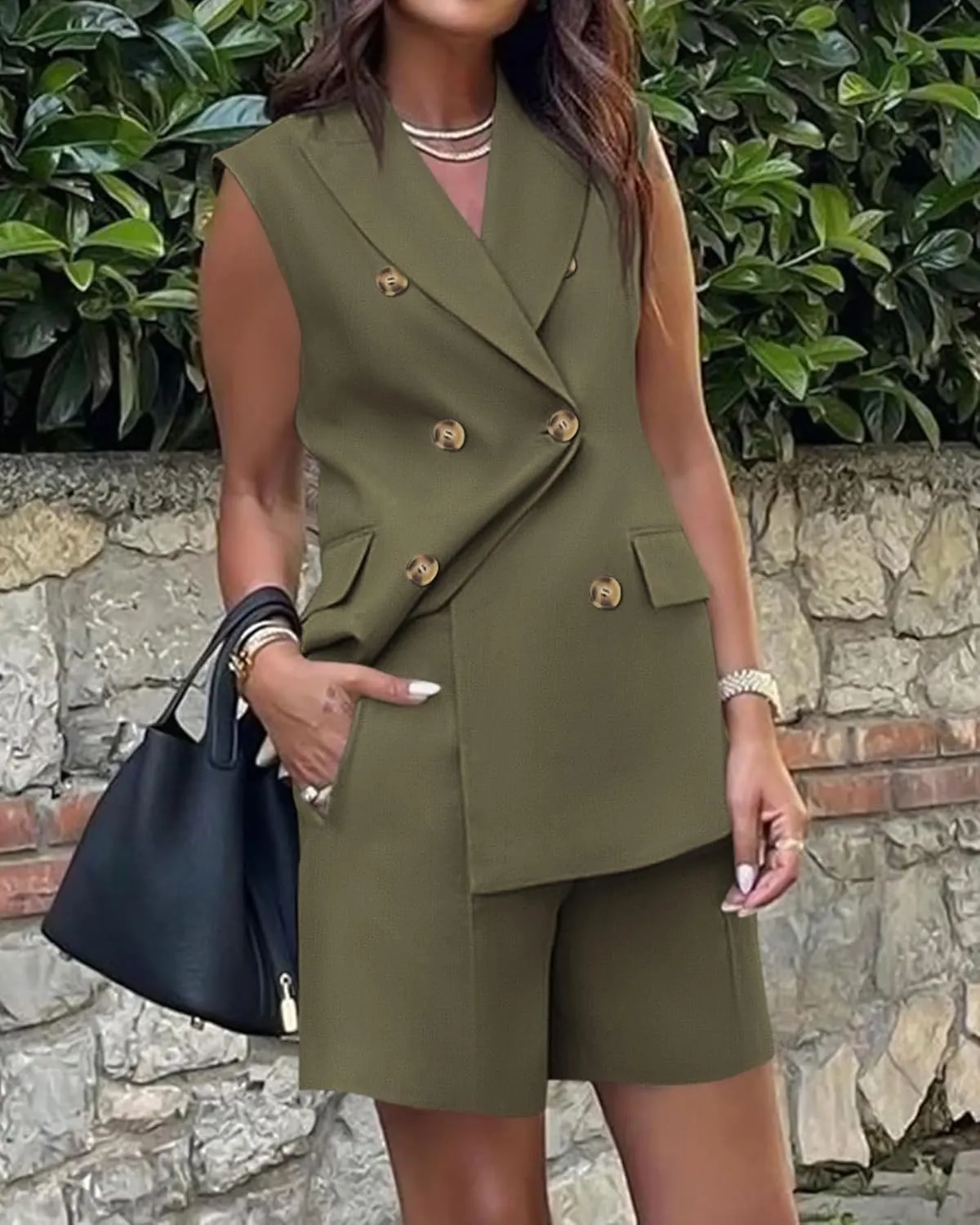Blazer Sets Women 2 Piece Outfits Work Office Business Casual Shorts and Sleeveless V Neck Button Down Blazers Vest