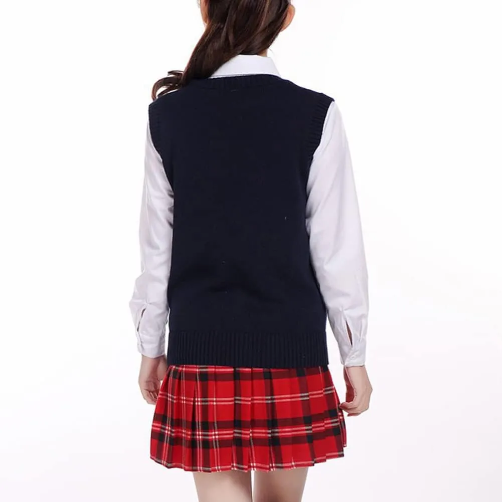 Blostirno Women’s Sweater Vest V Neck JK Uniform Kint Vests Solid Classic Sleeveless Pullover Sweaters Tops