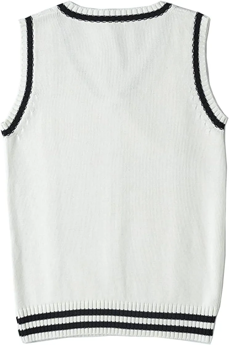 Blostirno Women’s Sweater Vest V Neck JK Uniform Kint Vests Solid Classic Sleeveless Pullover Sweaters Tops