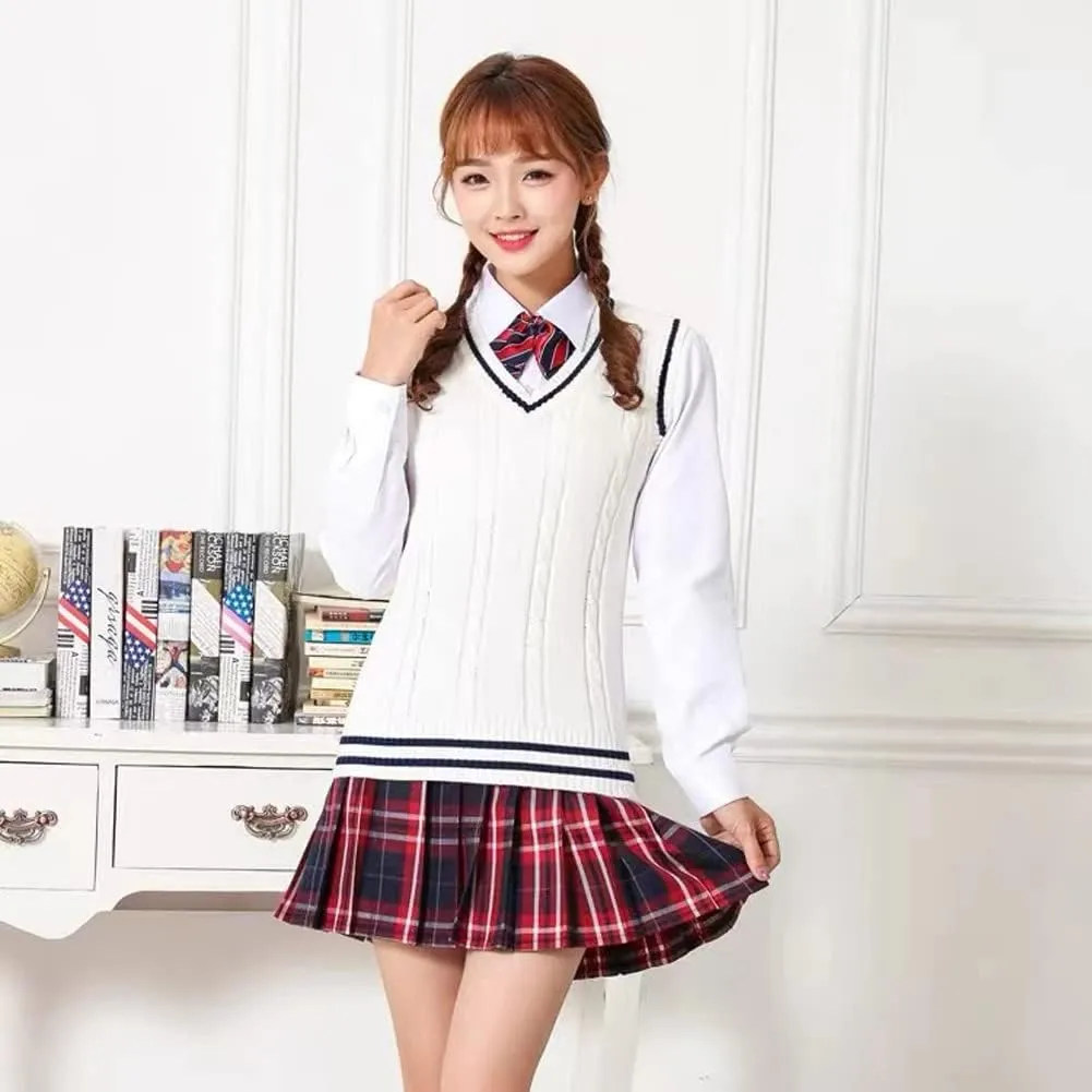 Blostirno Women’s Sweater Vest V Neck JK Uniform Kint Vests Solid Classic Sleeveless Pullover Sweaters Tops
