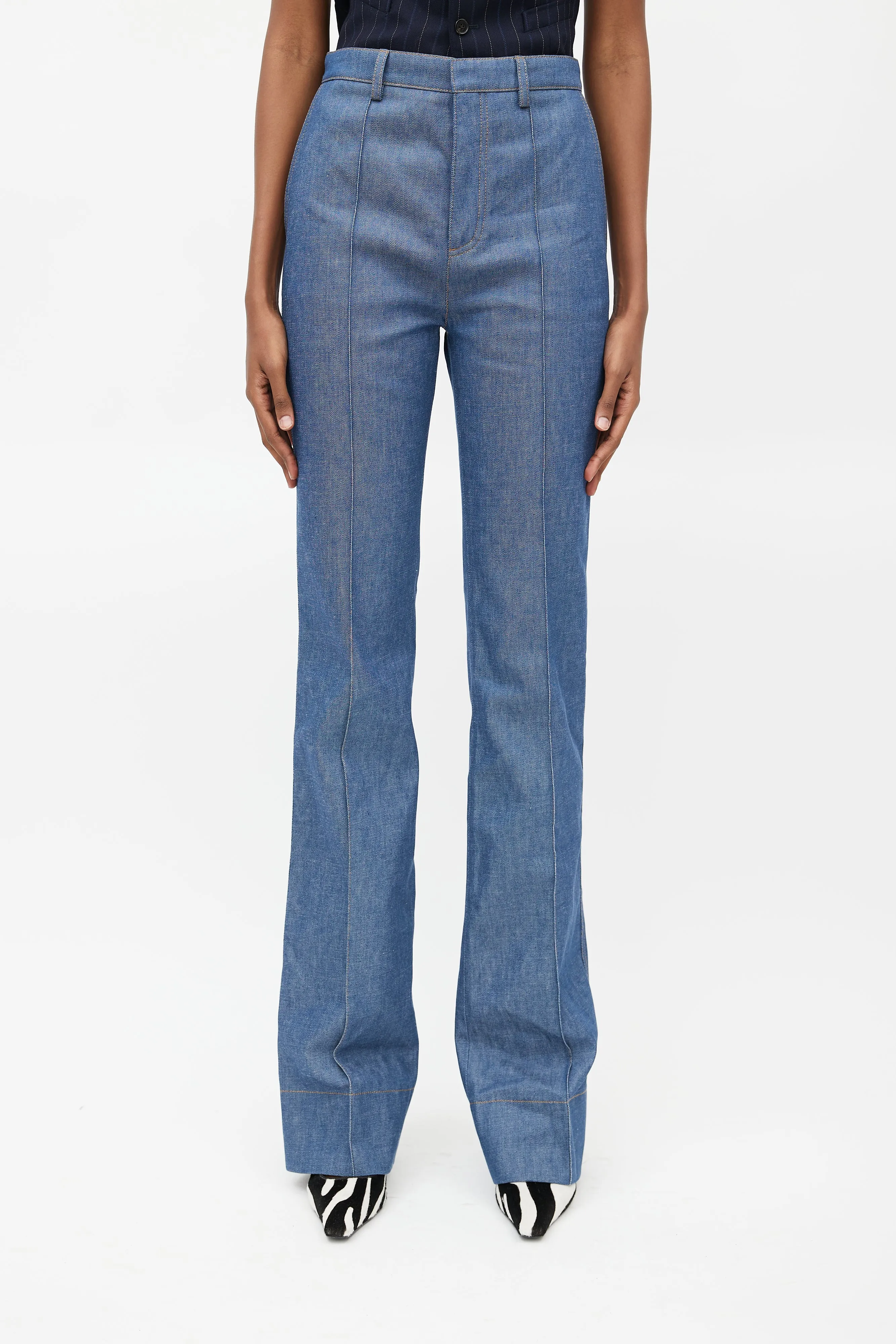 Blue Denim High Rise Seamed Jeans