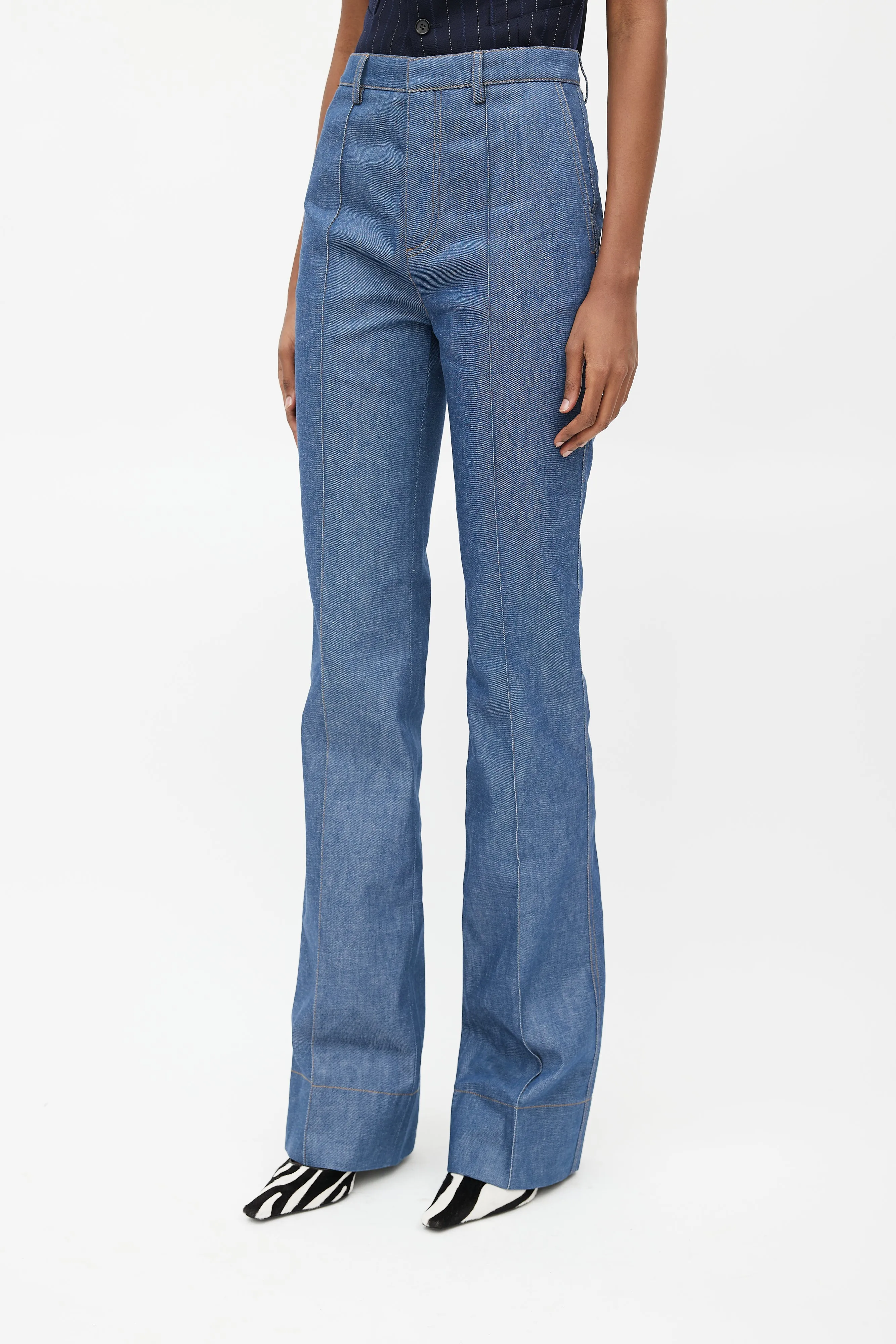 Blue Denim High Rise Seamed Jeans