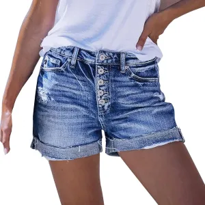 BTDECLAR Women's Straight Leg Denim Shorts High Waisted Ripped Roll Hem Jean Shorts Summer Casual Stretchy Leg Pants Jeans
