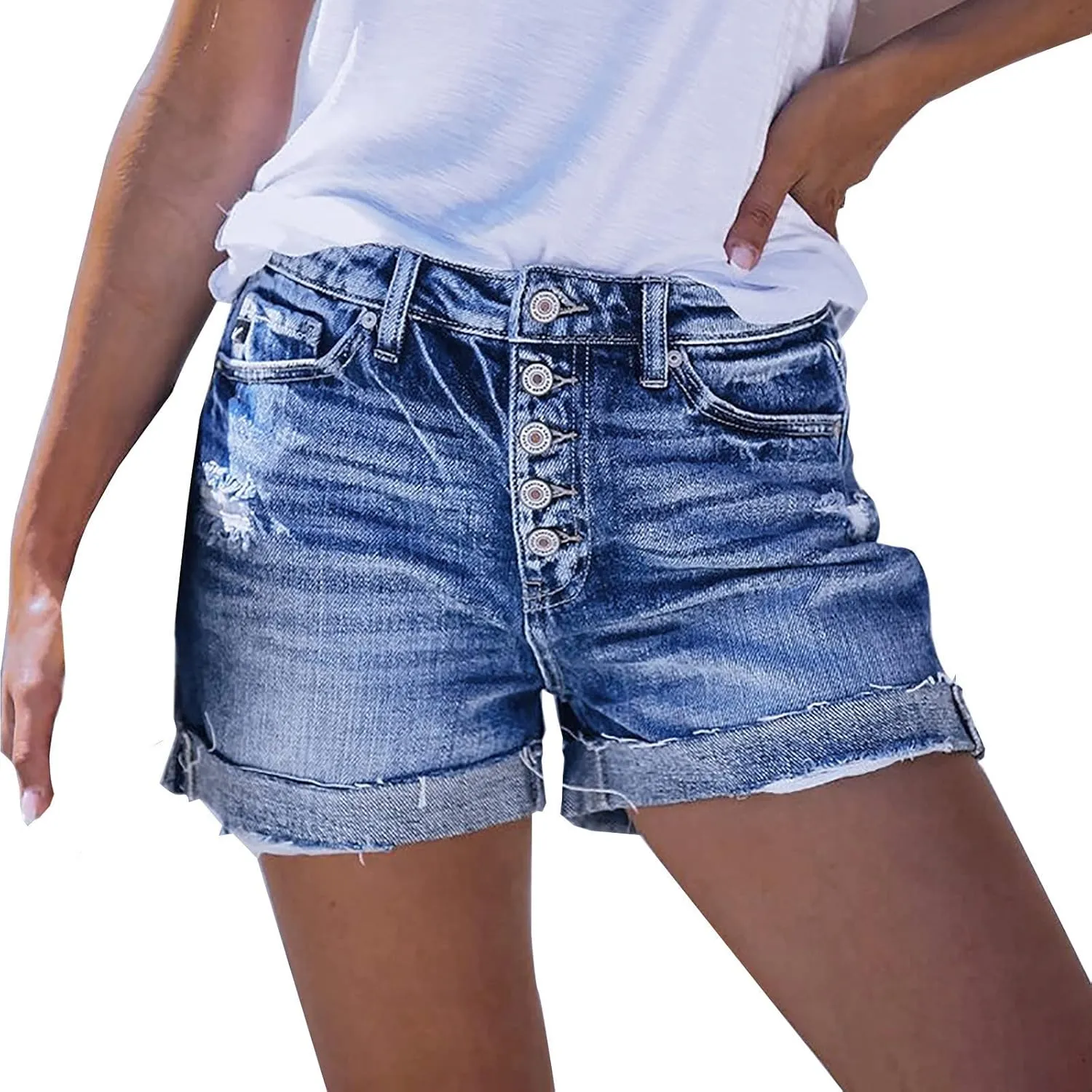 BTDECLAR Women's Straight Leg Denim Shorts High Waisted Ripped Roll Hem Jean Shorts Summer Casual Stretchy Leg Pants Jeans