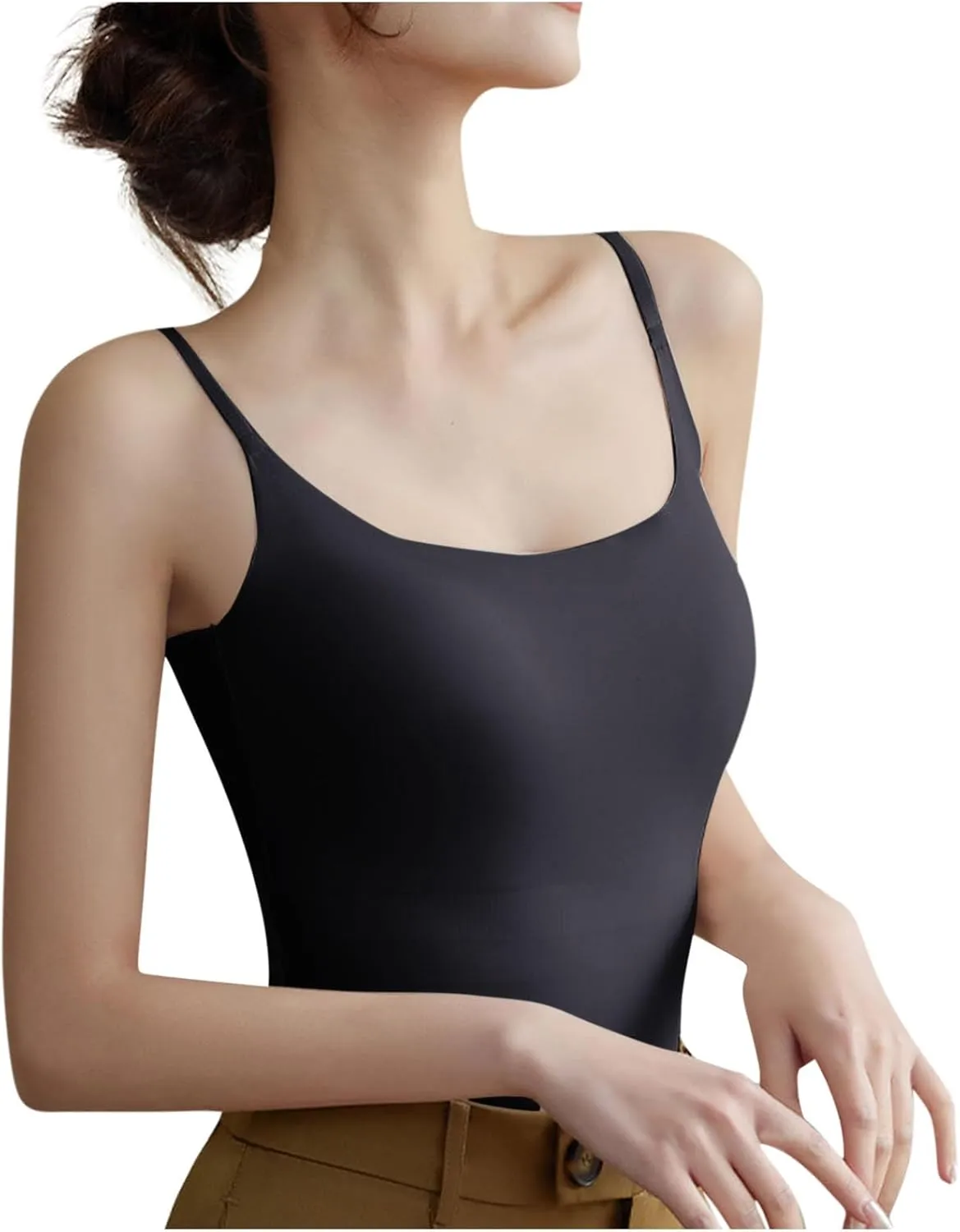 Built in Bra Cami Tops for Women Scoop Neck Seamless Compression Tank Tops Undershirts Spaghetti Strap Ladies Camisole