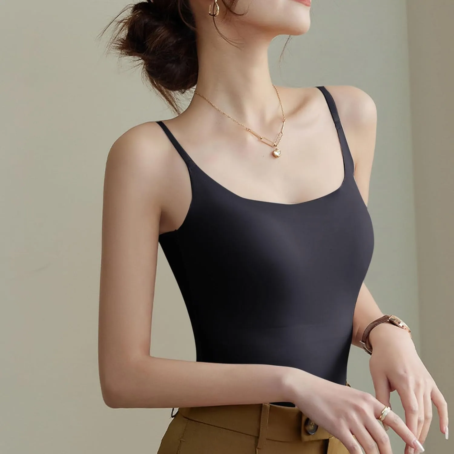 Built in Bra Cami Tops for Women Scoop Neck Seamless Compression Tank Tops Undershirts Spaghetti Strap Ladies Camisole