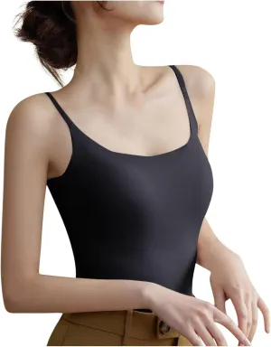 Built in Bra Cami Tops for Women Scoop Neck Seamless Compression Tank Tops Undershirts Spaghetti Strap Ladies Camisole