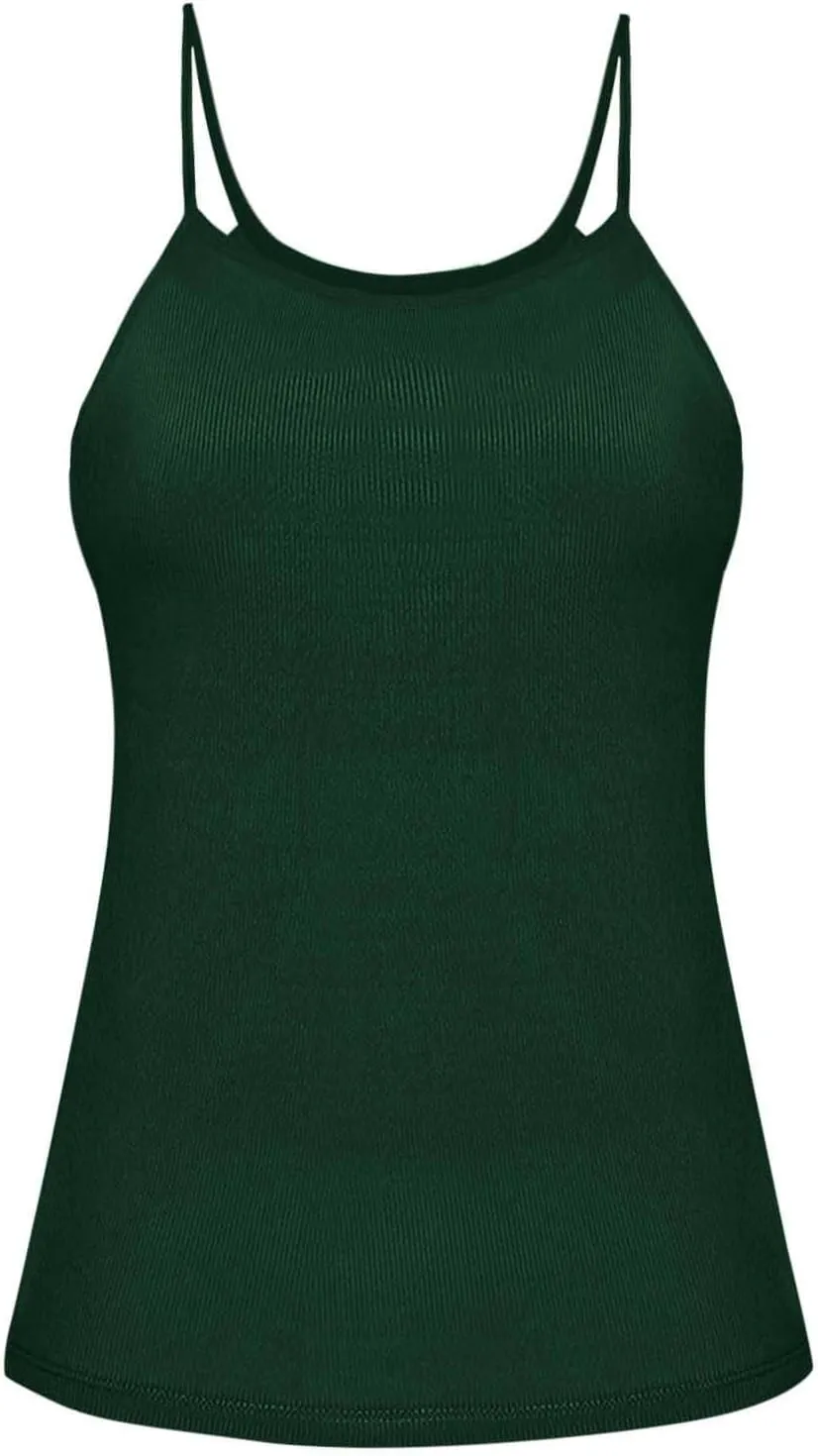 Built in Bra Tank Tops for Women Summer Casual Ribbed Knit Camisole Spaghetti Straps Sleeveless Padded Workout Tops