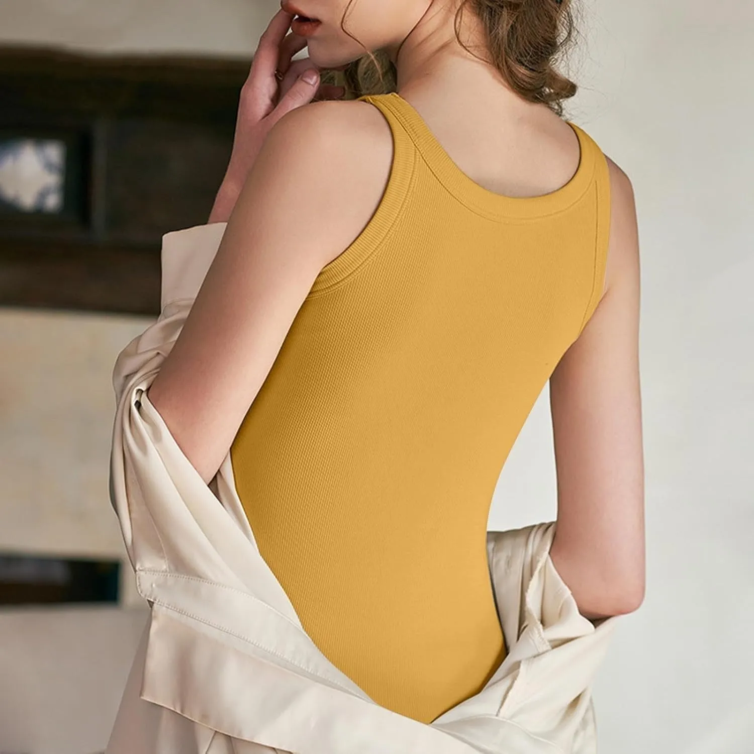 Built In Bra Tank Tops For Women With Fixed Padding Soft Seamless Stretchy Breathable No-Slip Workout Camisole Tops