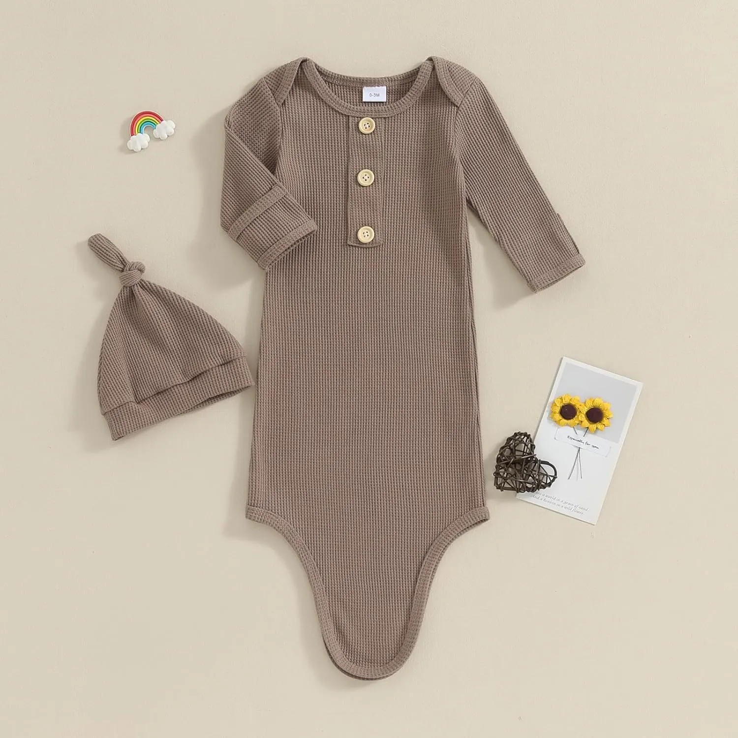 BULINGNA Newborn Baby Boys Girls Knotted Gown with Hat Set, Unisex Infant Nightgown with Mittens Sleepwear One Piece Pajamas