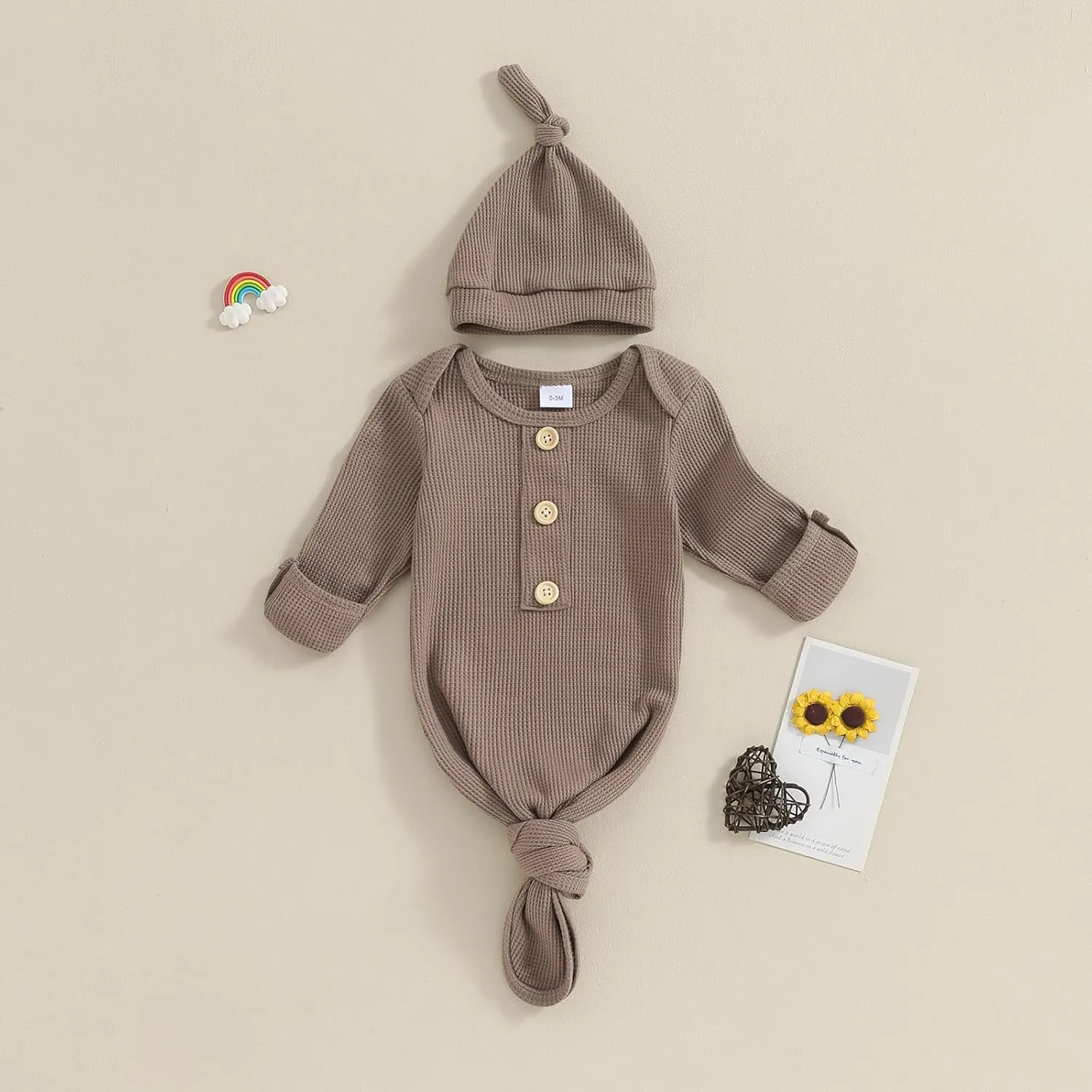BULINGNA Newborn Baby Boys Girls Knotted Gown with Hat Set, Unisex Infant Nightgown with Mittens Sleepwear One Piece Pajamas