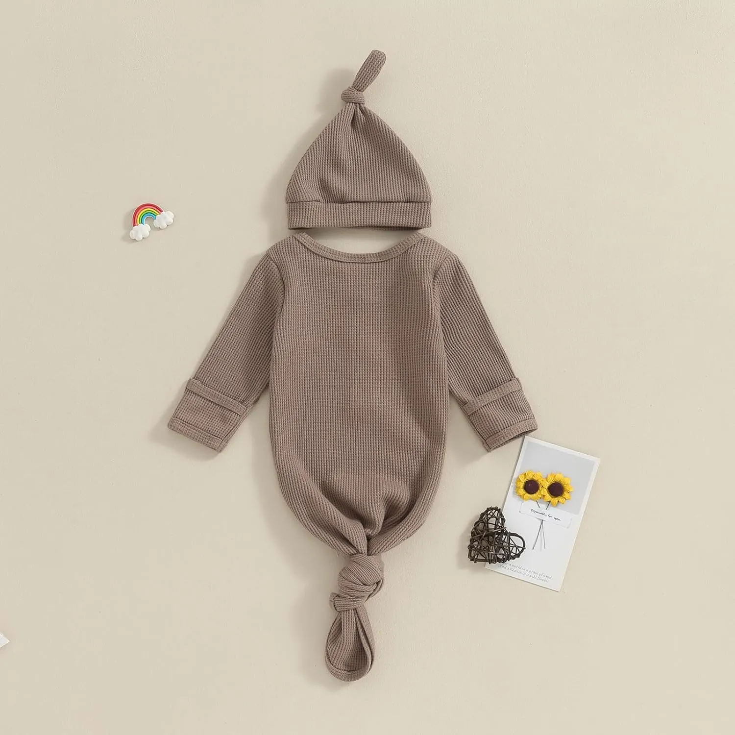 BULINGNA Newborn Baby Boys Girls Knotted Gown with Hat Set, Unisex Infant Nightgown with Mittens Sleepwear One Piece Pajamas