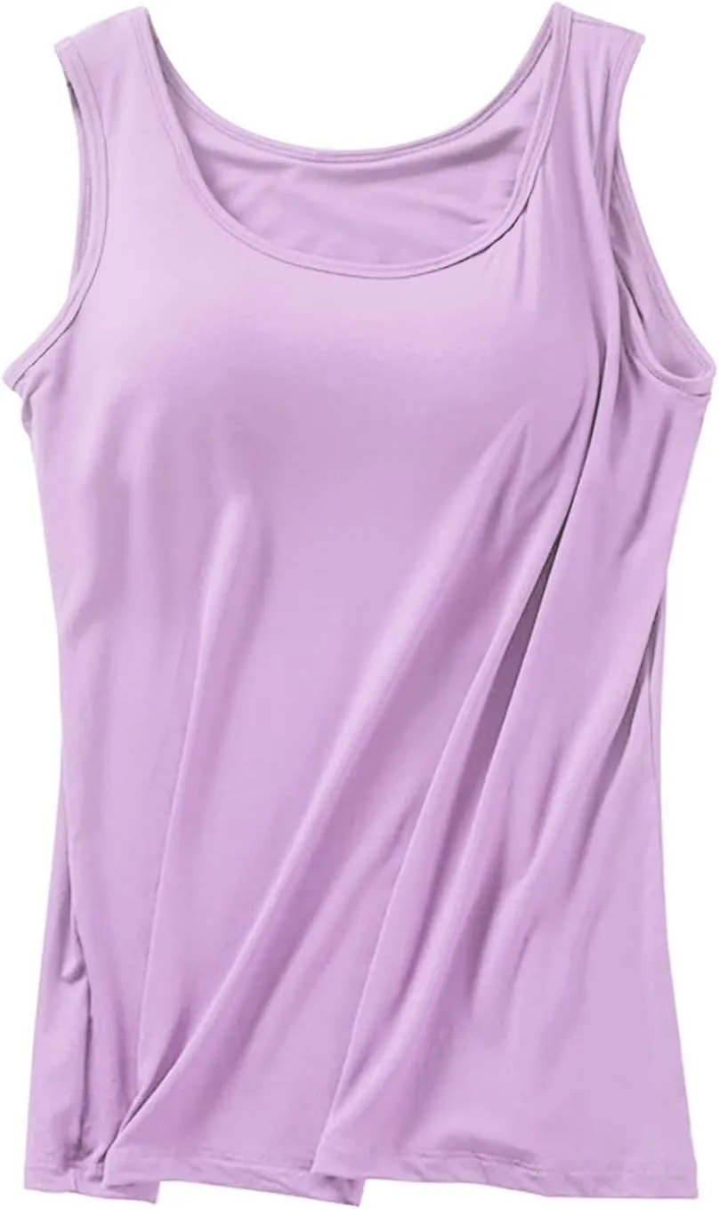 Camisole Tops with Built in Bra for Women Summer Casual Loose Chest Pad Vest Running Layering Yoga Outfits Cami Shirts