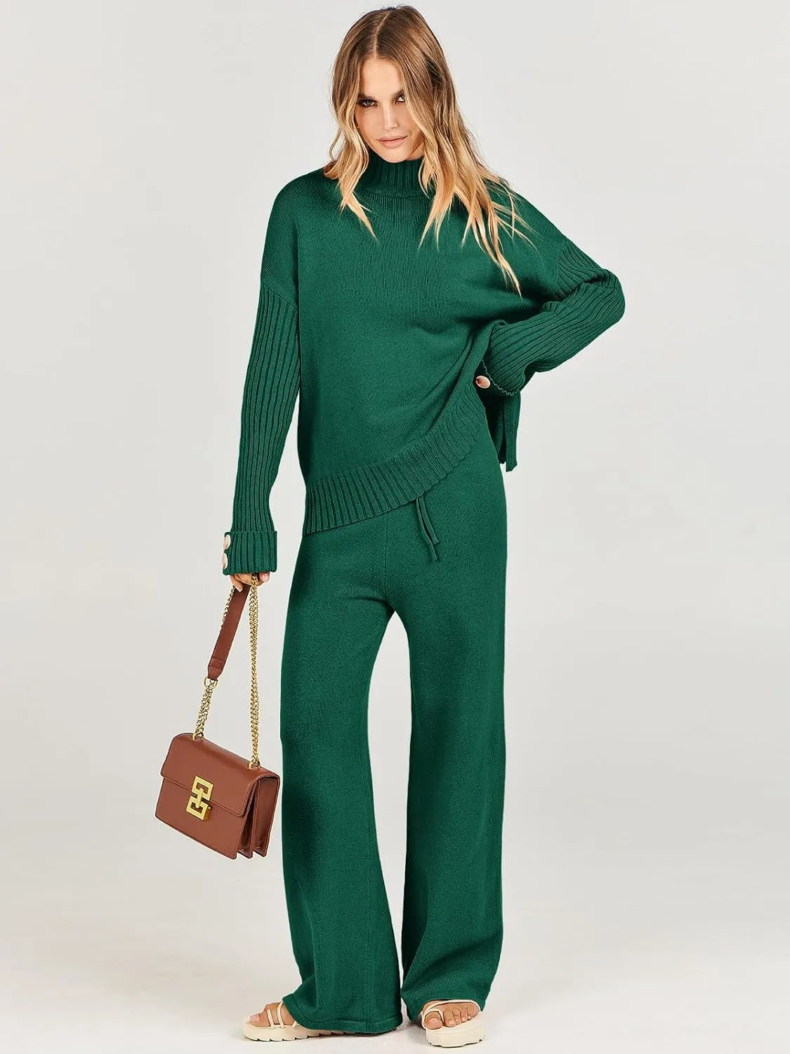 Caracilia Womens 2 Piece Sweater Set Knit Pullover Wide Leg Pants Lounge Matching Sets 2024 Fall Fashion Travel Outfits