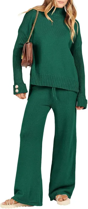 Caracilia Womens 2 Piece Sweater Set Knit Pullover Wide Leg Pants Lounge Matching Sets 2024 Fall Fashion Travel Outfits