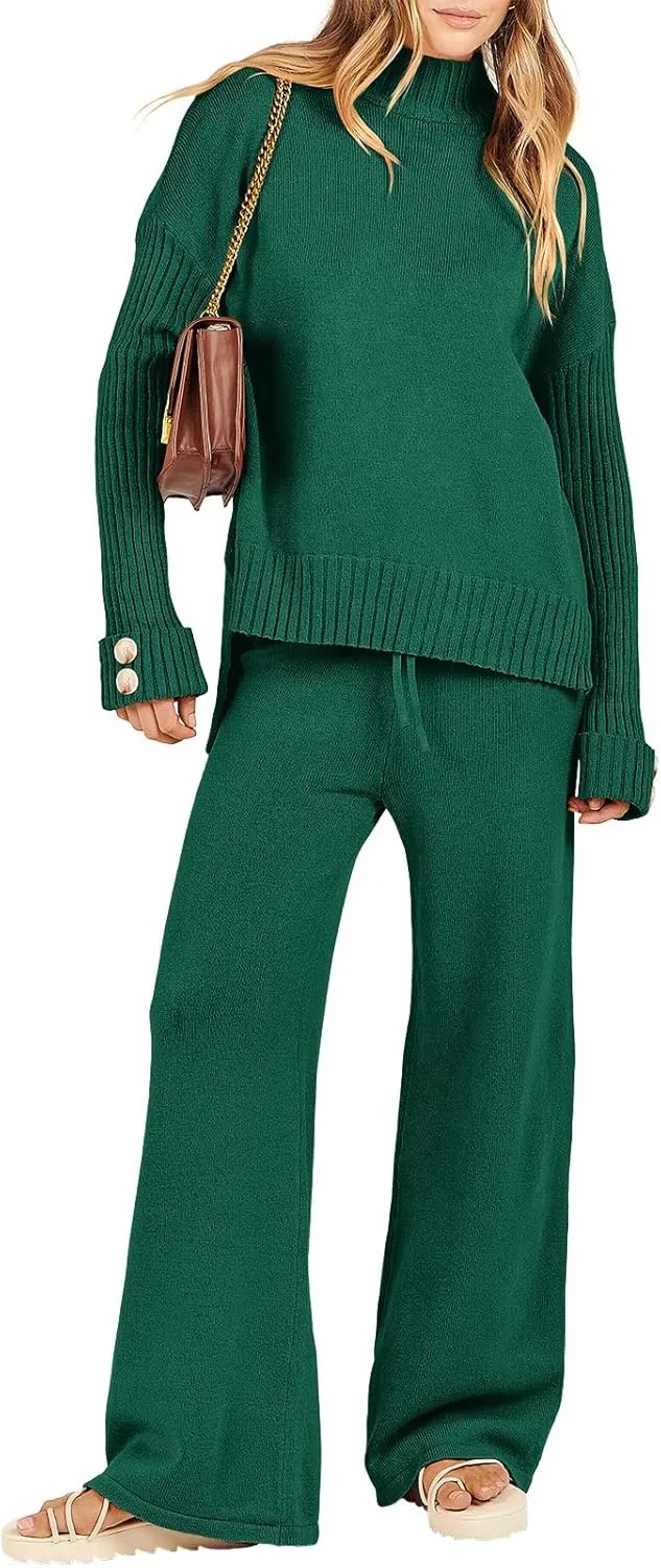Caracilia Womens 2 Piece Sweater Set Knit Pullover Wide Leg Pants Lounge Matching Sets 2024 Fall Fashion Travel Outfits