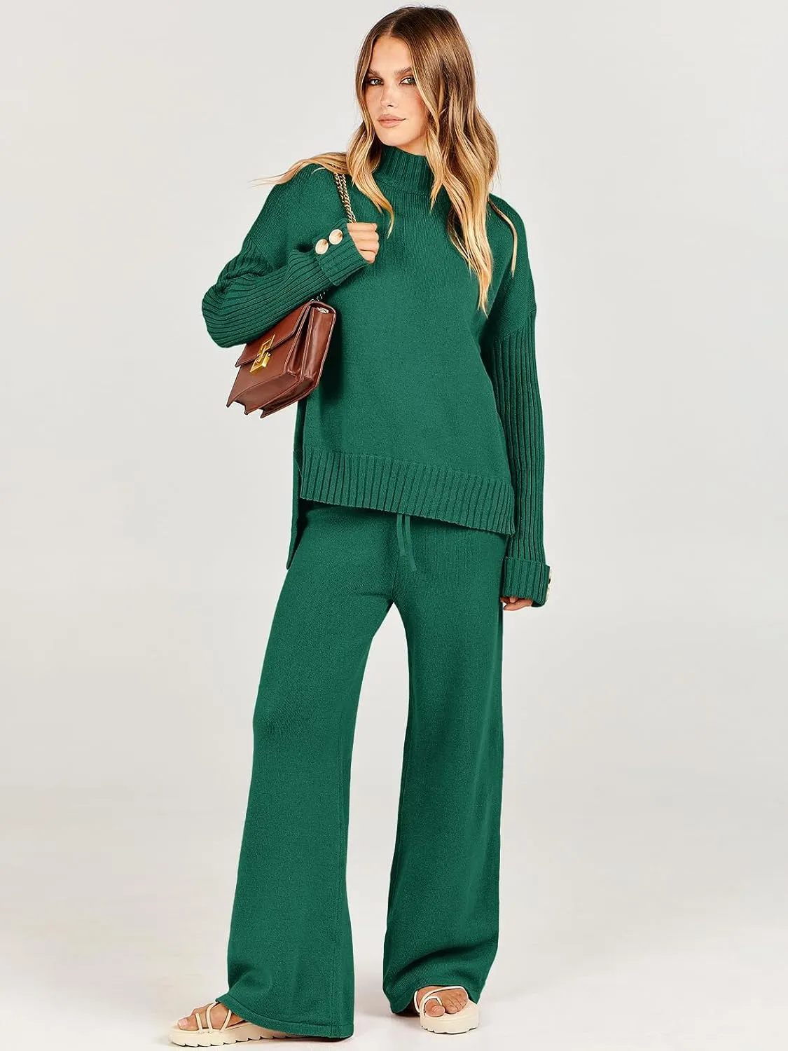 Caracilia Womens 2 Piece Sweater Set Knit Pullover Wide Leg Pants Lounge Matching Sets 2024 Fall Fashion Travel Outfits