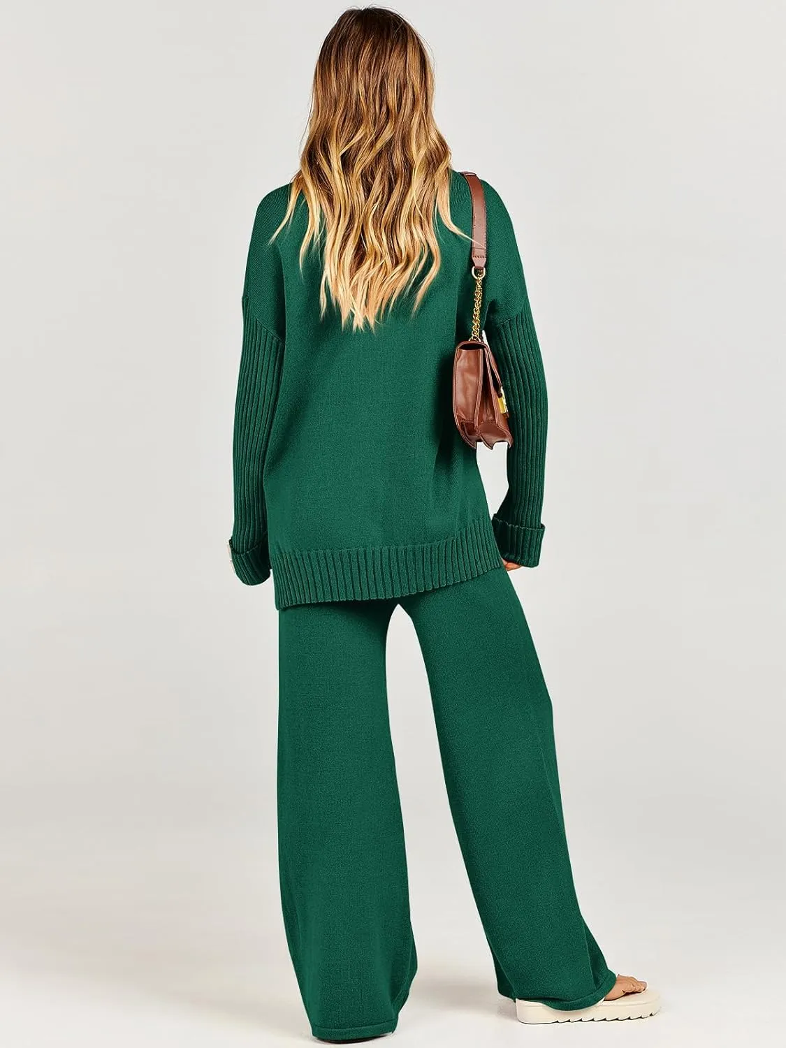 Caracilia Womens 2 Piece Sweater Set Knit Pullover Wide Leg Pants Lounge Matching Sets 2024 Fall Fashion Travel Outfits