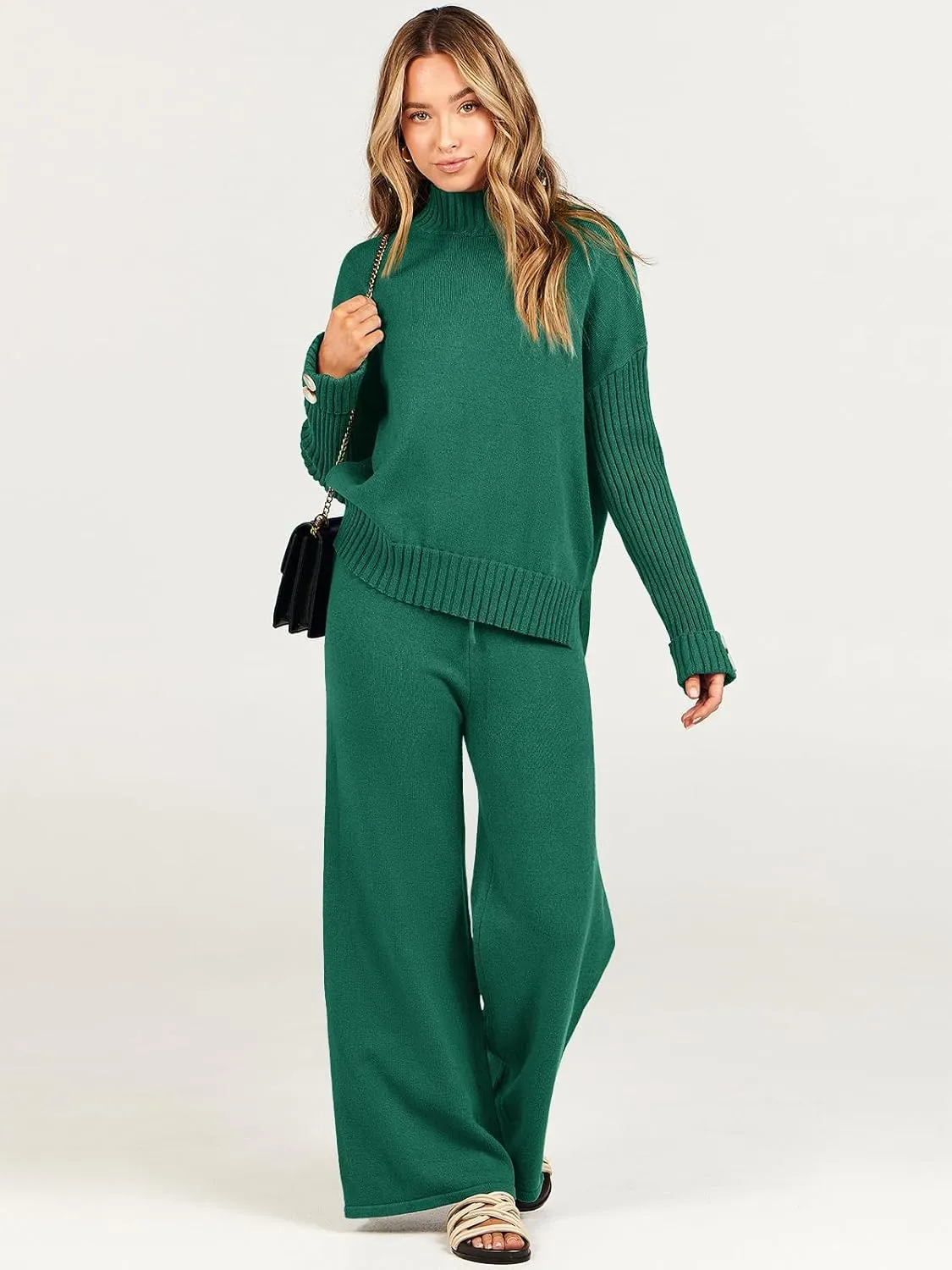 Caracilia Womens 2 Piece Sweater Set Knit Pullover Wide Leg Pants Lounge Matching Sets 2024 Fall Fashion Travel Outfits