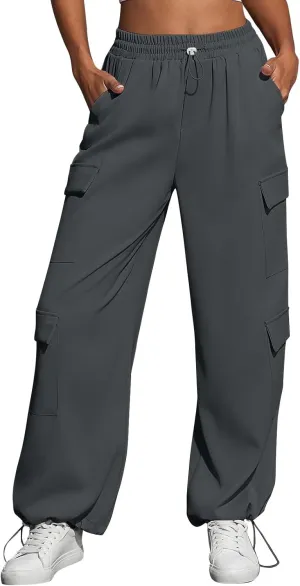 Cargo Sweatpants for Women Baggy Casual Drawstring High Waisted Parachute Pants Trendy Fleece Joggers with Pockets