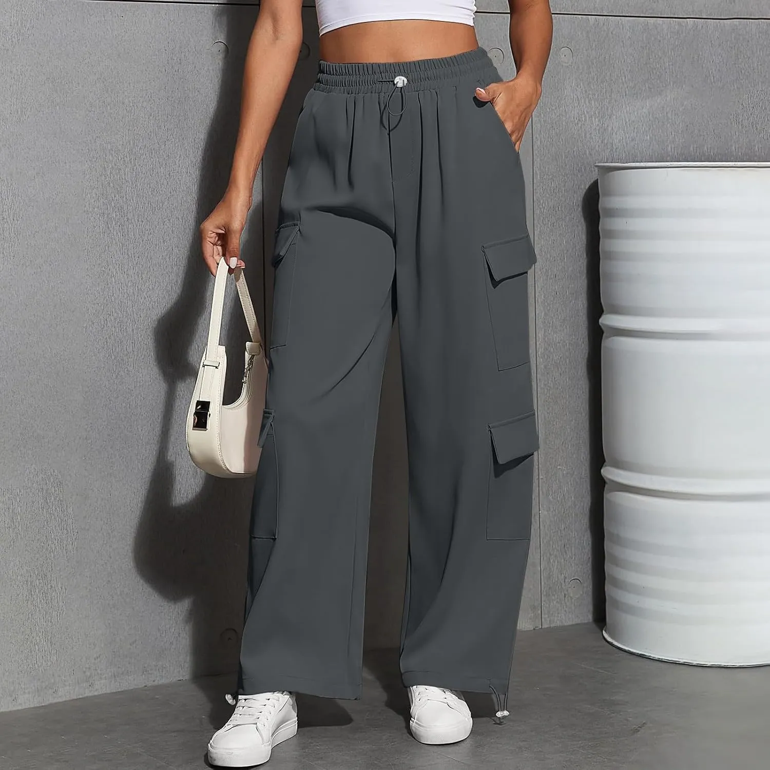 Cargo Sweatpants for Women Baggy Casual Drawstring High Waisted Parachute Pants Trendy Fleece Joggers with Pockets