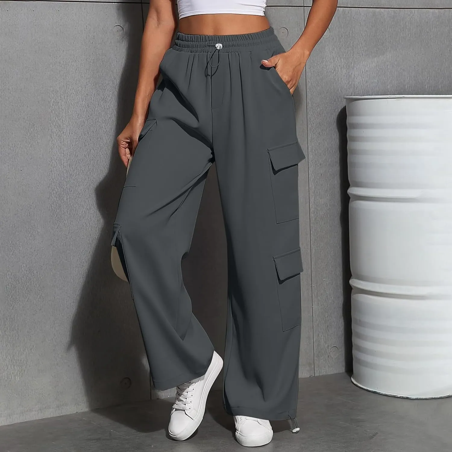 Cargo Sweatpants for Women Baggy Casual Drawstring High Waisted Parachute Pants Trendy Fleece Joggers with Pockets