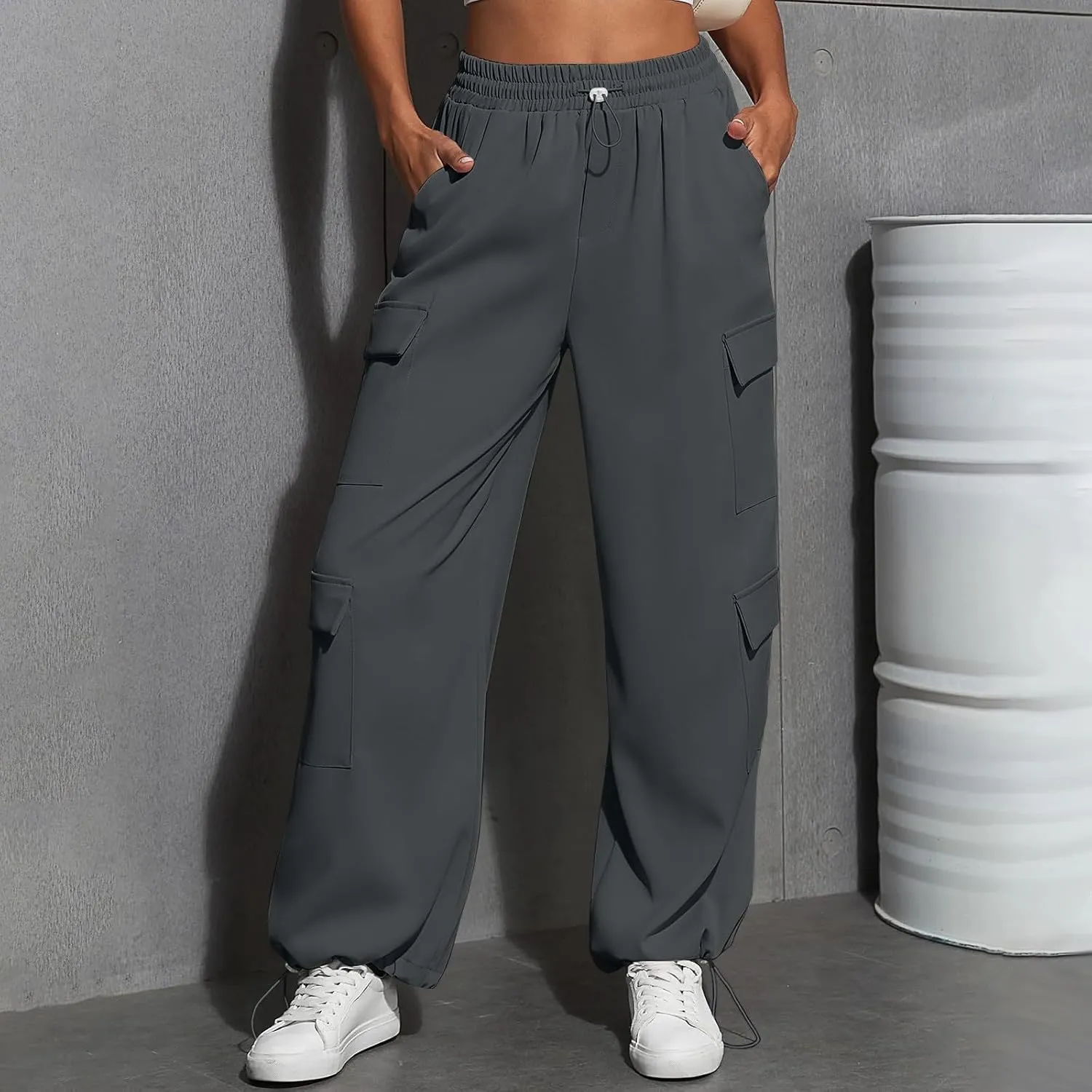 Cargo Sweatpants for Women Baggy Casual Drawstring High Waisted Parachute Pants Trendy Fleece Joggers with Pockets