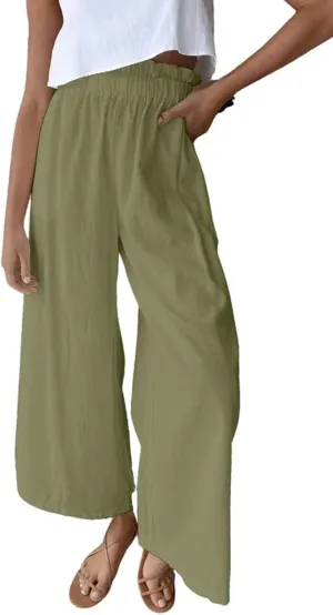 chouyatou Women's Casual Elastic Waist Beach Lounge Palazzo Wide Leg Linen Pants