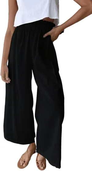 chouyatou Women's Casual Elastic Waist Beach Lounge Palazzo Wide Leg Linen Pants