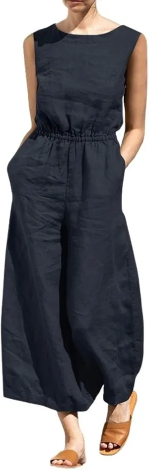 chouyatou Women's Elegant Sleeveless Linen Jumpsuits Casual Wide Leg Jumpsuit Pants Romper